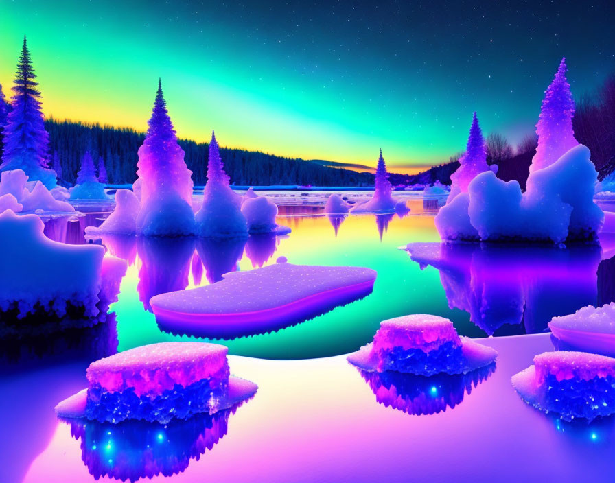 Vibrant aurora lights up snowy winter landscape with neon-lit trees