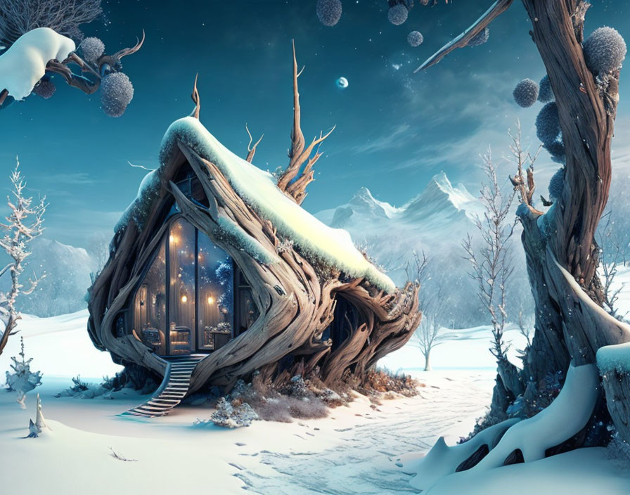 Cozy illuminated cabin in whimsical winter scene