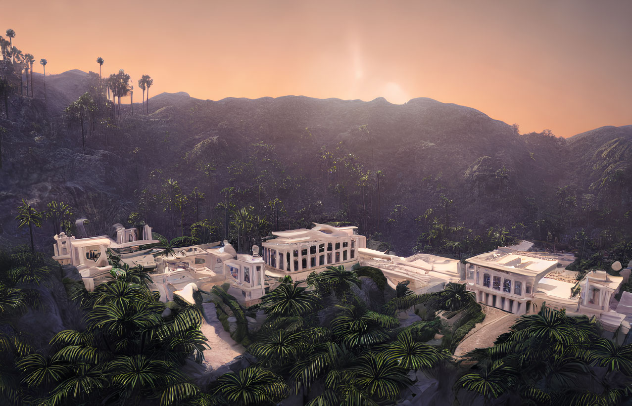 Ancient-style city in tropical valley with palm trees and classical architecture at sunset