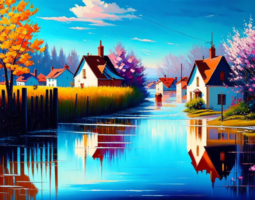 Colorful digital artwork of a picturesque village with vibrant foliage, reflective waterways, and quaint houses under