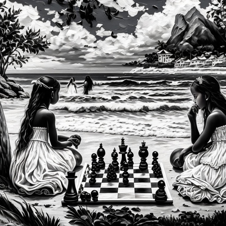 Monochromatic artwork: Two girls playing chess by the sea