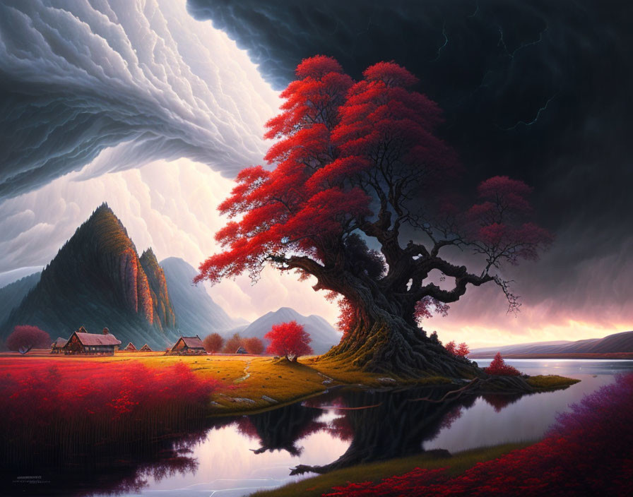 Colorful digital artwork: Red-leafed tree by lake with stormy sky