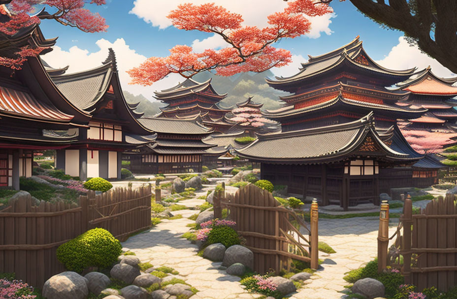 Traditional Japanese Temple Surrounded by Cherry Blossoms