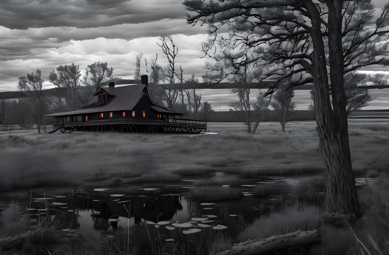 Monochrome serene landscape with lone house, reflective pond, and prominent tree