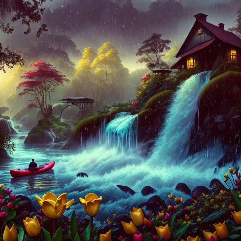 Tranquil landscape with waterfall, kayaker, house, flowers under twilight sky