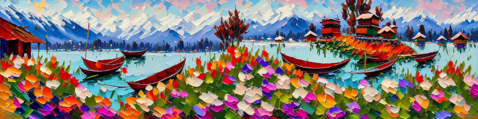 Mountainous Lakeside Village Painting with Colorful Flowers & Boats