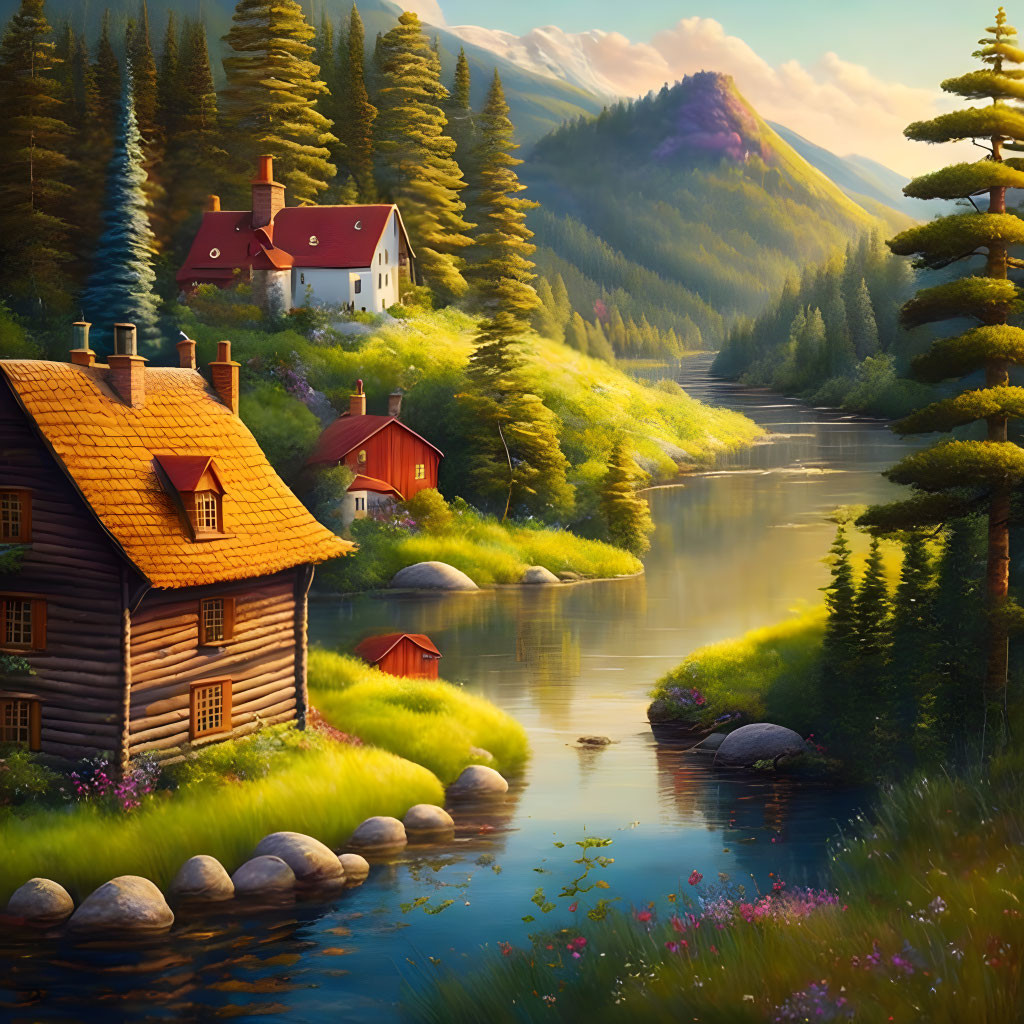 Tranquil river and quaint houses in serene mountain landscape