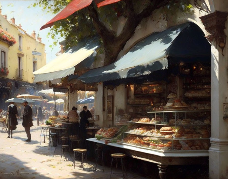 Bakery with Outdoor Seating and Pastries on Sunny Street