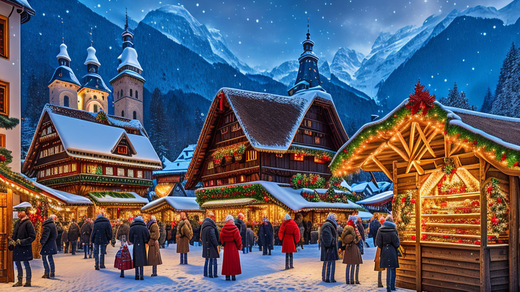 Snowy Mountain Village Christmas Market at Twilight