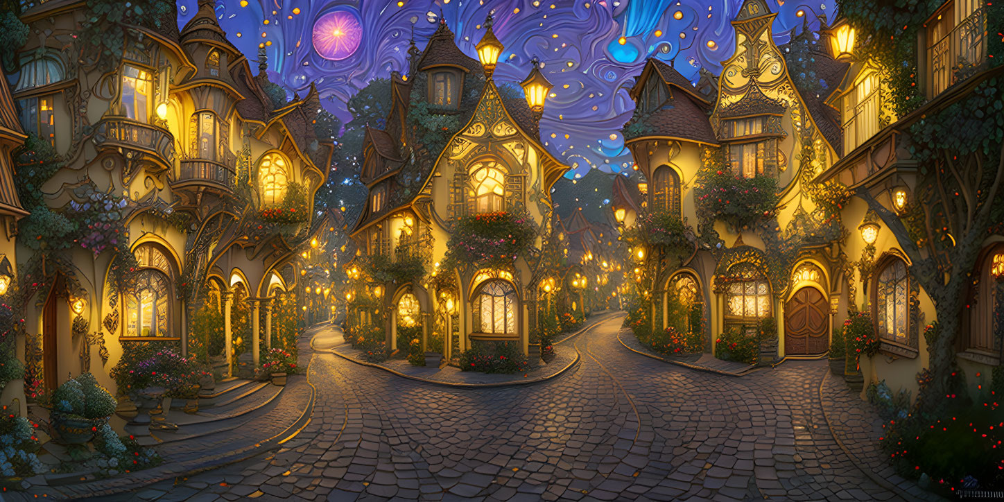 Enchanting night scene of cobblestone street with fairy-tale houses, warm lights, and