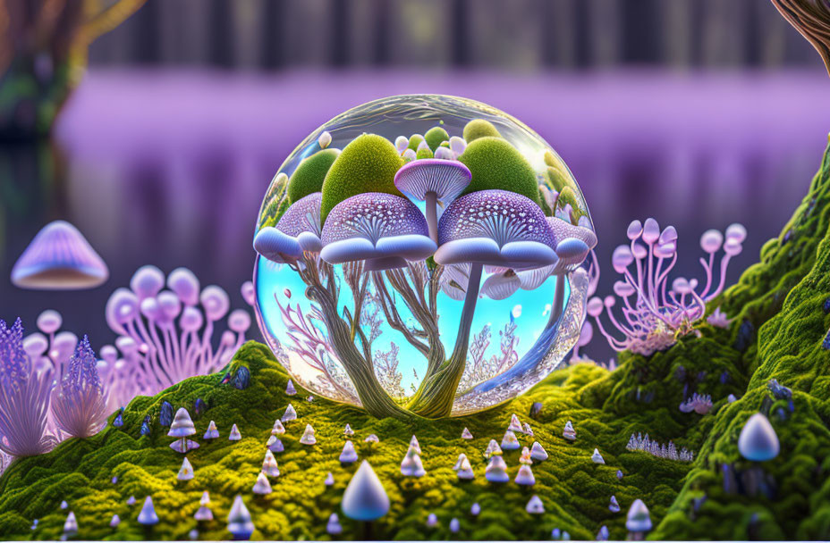 Colorful Mushroom Landscape Inside Transparent Bubble on Mossy Surface