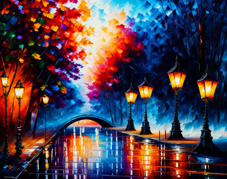 Colorful Rainy Cityscape Painting at Twilight with Street Lamps and Bridge