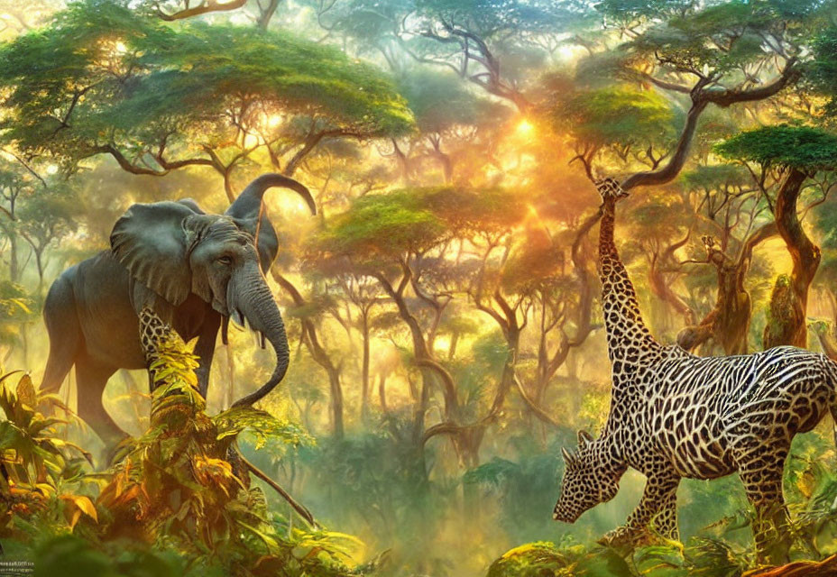 Elephant and Giraffe in Sunlit Forest with Towering Trees