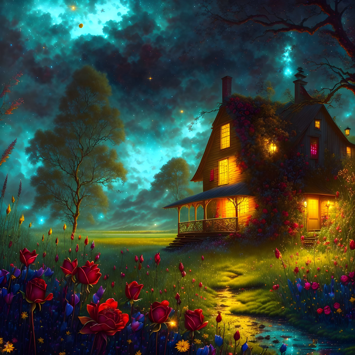 Quaint cottage with vibrant flowers under starry night sky