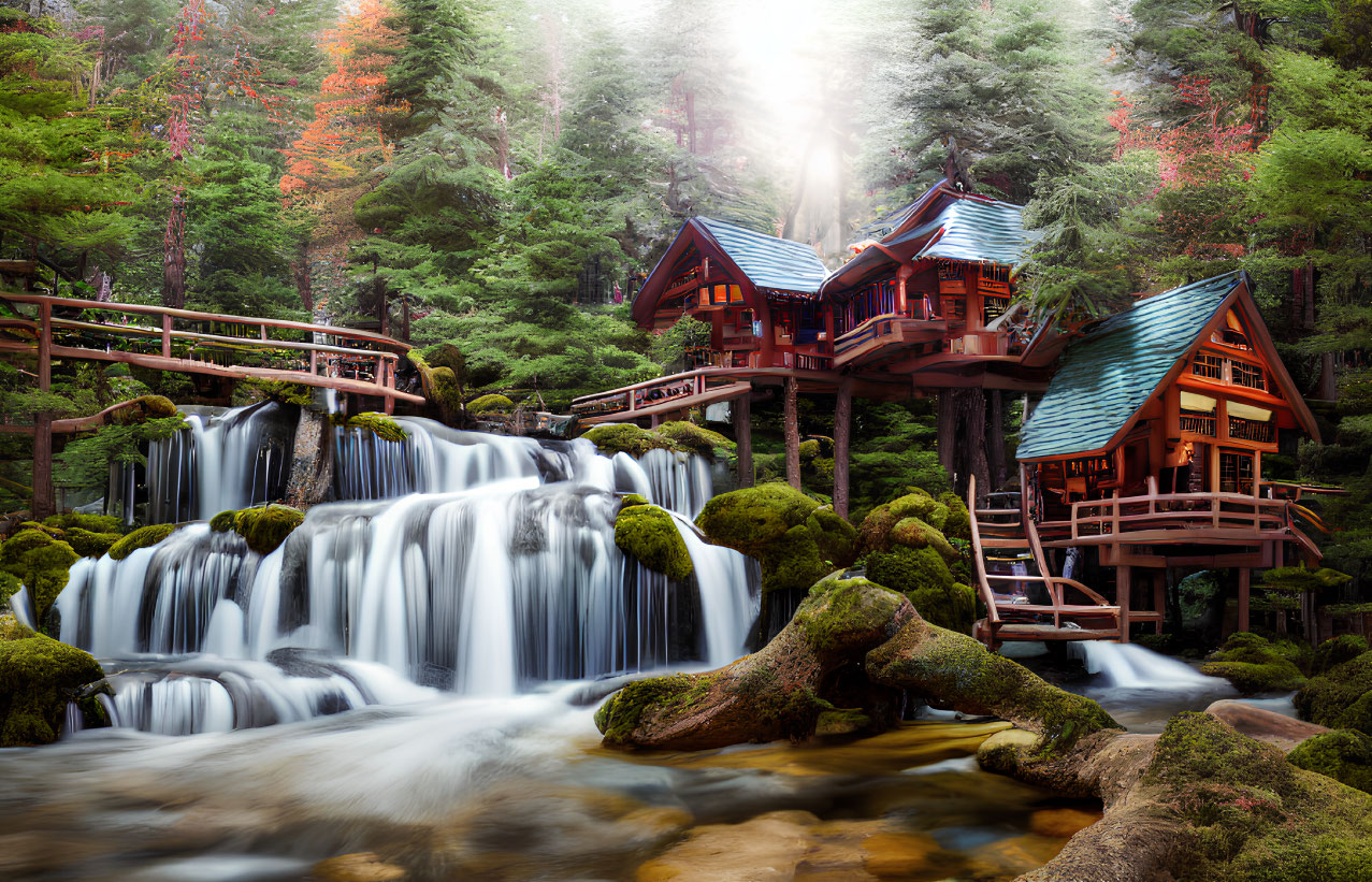 Tranquil waterfall under bridge in misty forest village