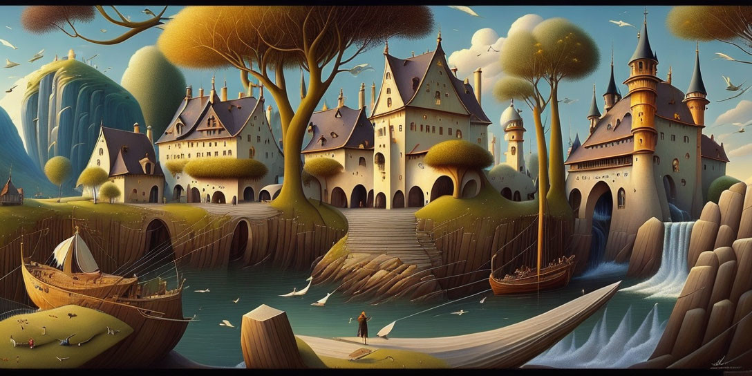 Medieval castle, whimsical trees, waterfall, boat, and tiny figures in fantasy landscape.