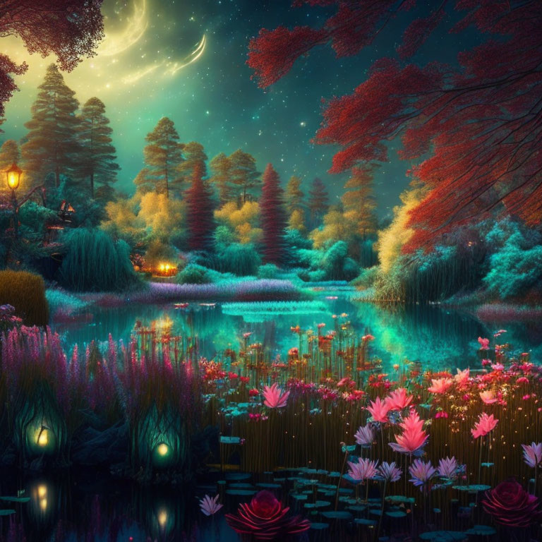 Colorful illuminated trees, tranquil pond, crescent moon: Nighttime garden scene