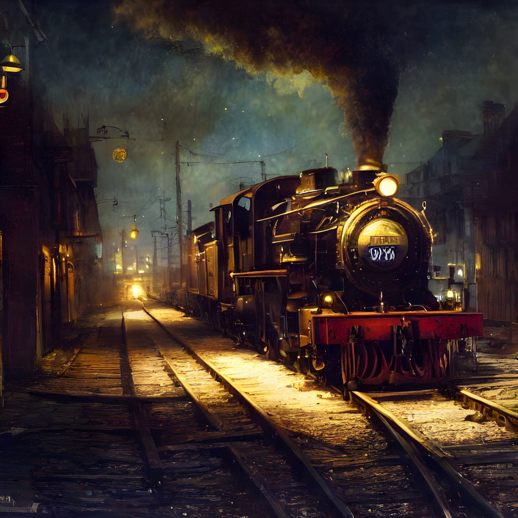 Vintage steam locomotive emits smoke at night on city tracks