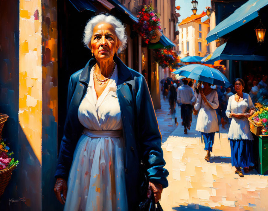 Elderly woman with white hair in blue coat on vibrant street