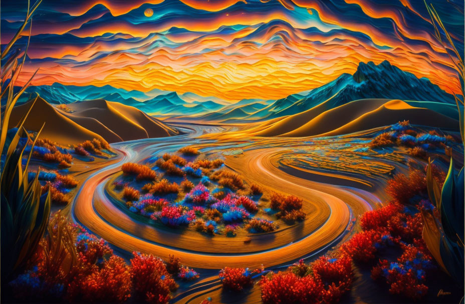 Colorful Stylized Landscape with River, Flora, Hills, and Surreal Sky