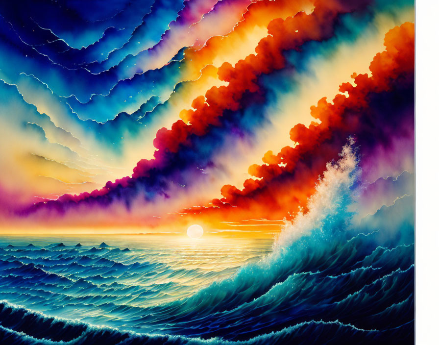 Colorful sunset painting with layered clouds and crashing wave.