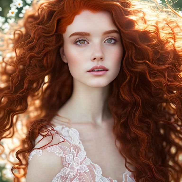 Young woman with curly red hair and blue eyes in white lace outdoors