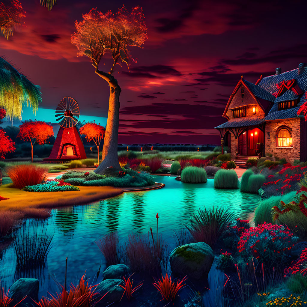 Vibrant surreal landscape with colorful house, windmill, tree, and luminescent plants at