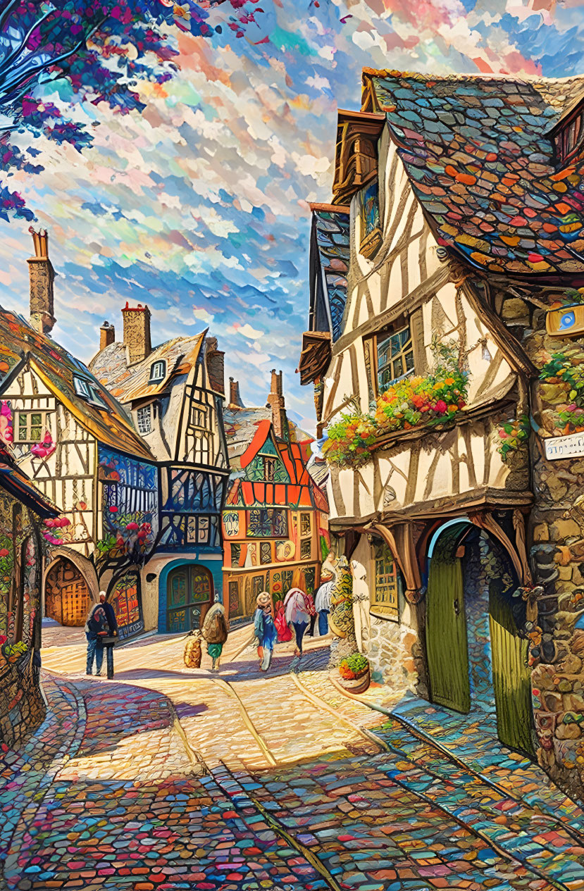 Historic cobblestone street with colorful half-timbered houses and people walking.