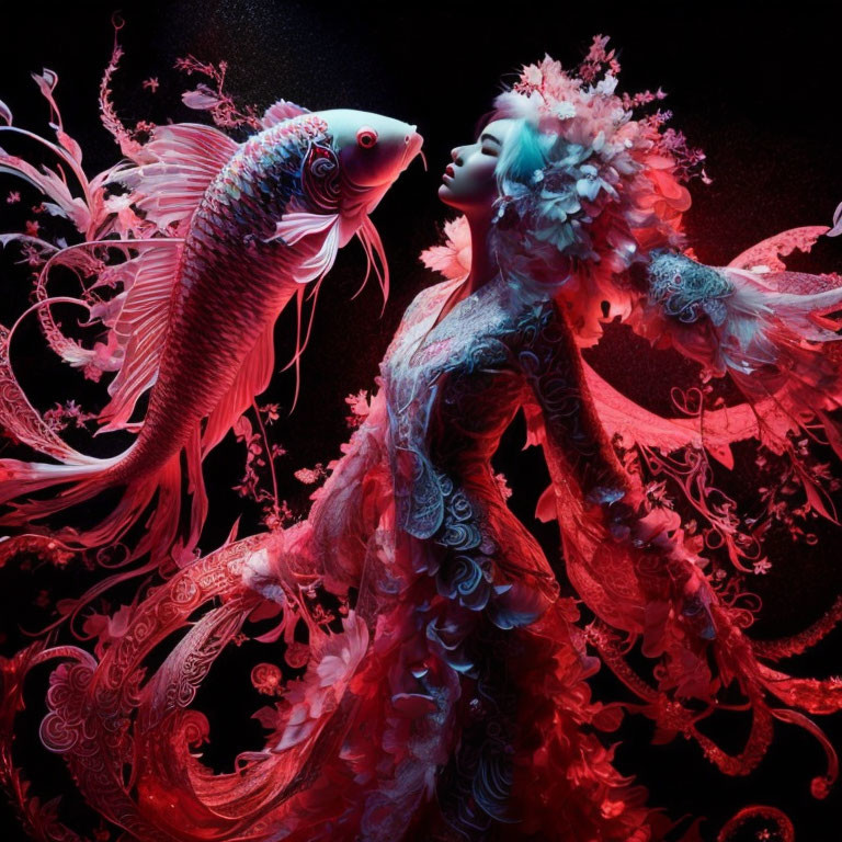 Surreal illustration of woman and betta fish mirroring each other