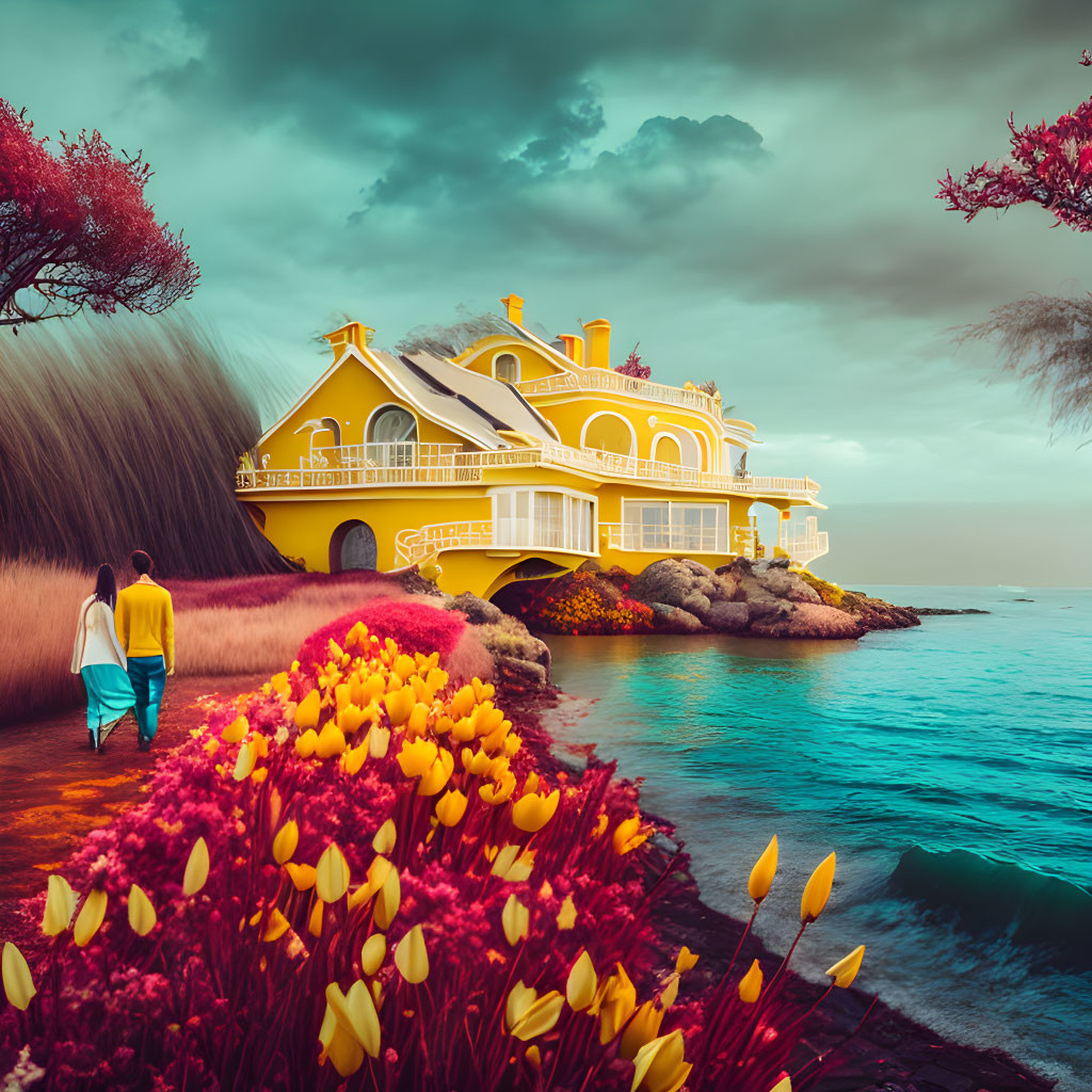 Couple walking to yellow Victorian house by the sea amid colorful flora