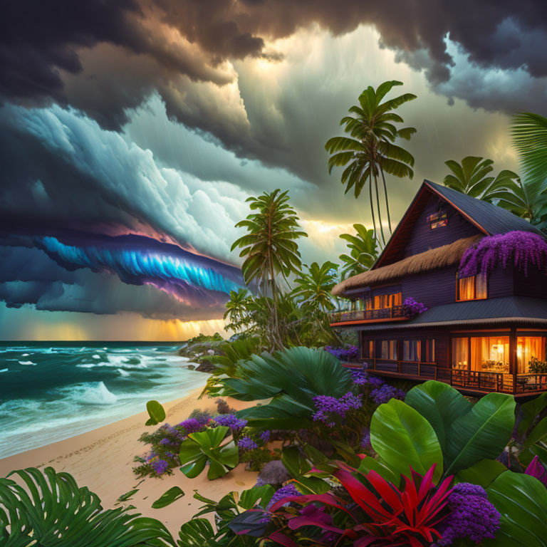 Traditional house and palm trees in vibrant coastal scene with stormy sky and rough sea waves