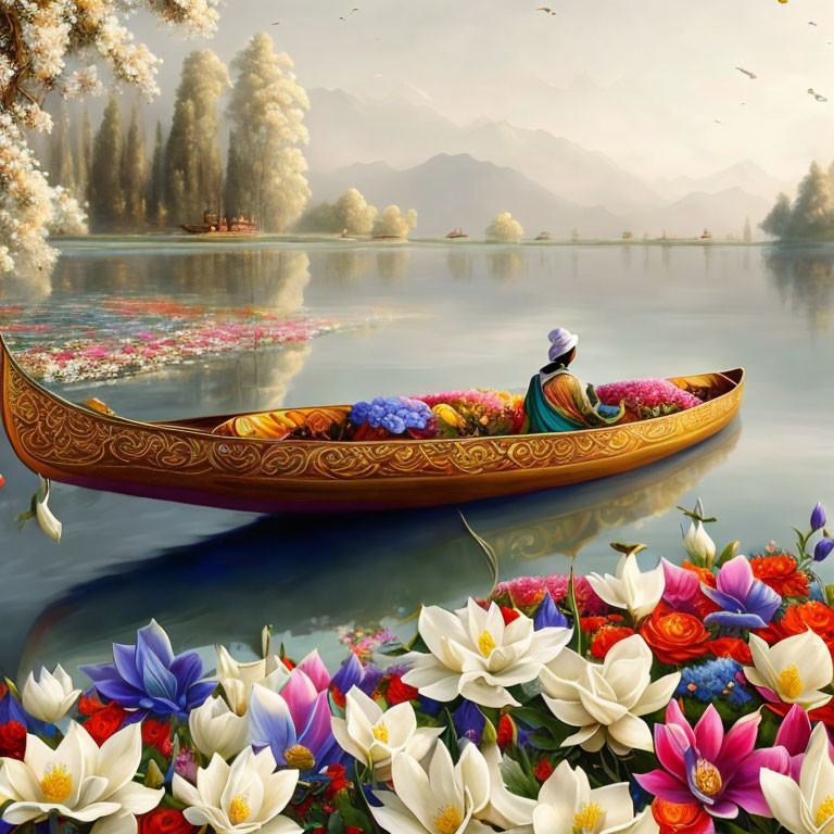 Tranquil lake scene with lotus blooms and person in boat surrounded by nature