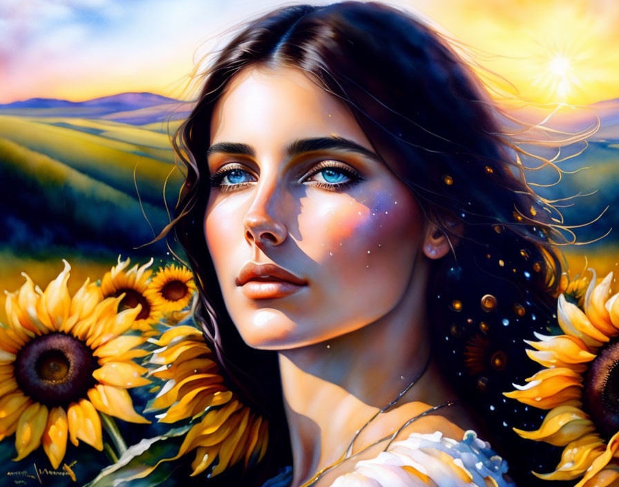 Realistic digital painting: Woman with blue eyes, sunflowers, vibrant sunset.