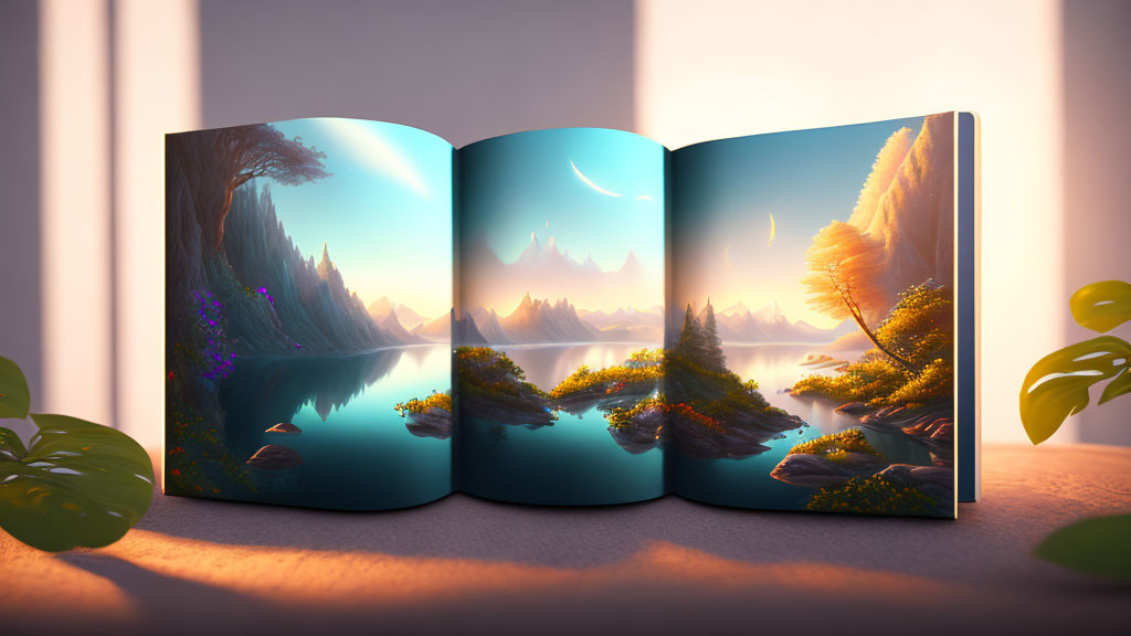 Illustrated fantasy landscape in open book on windowsill