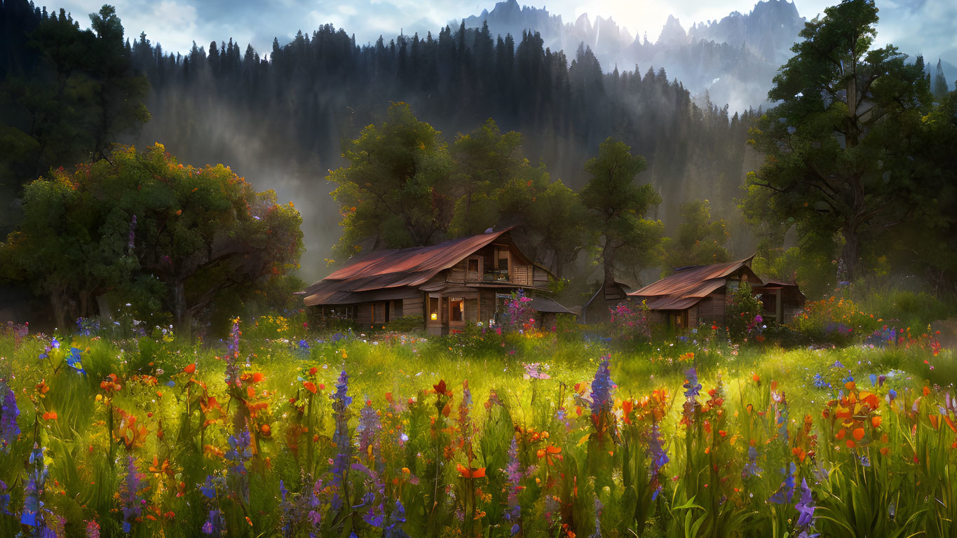 Rustic cabin in vibrant wildflower meadow with misty forests and mountain peaks at dawn