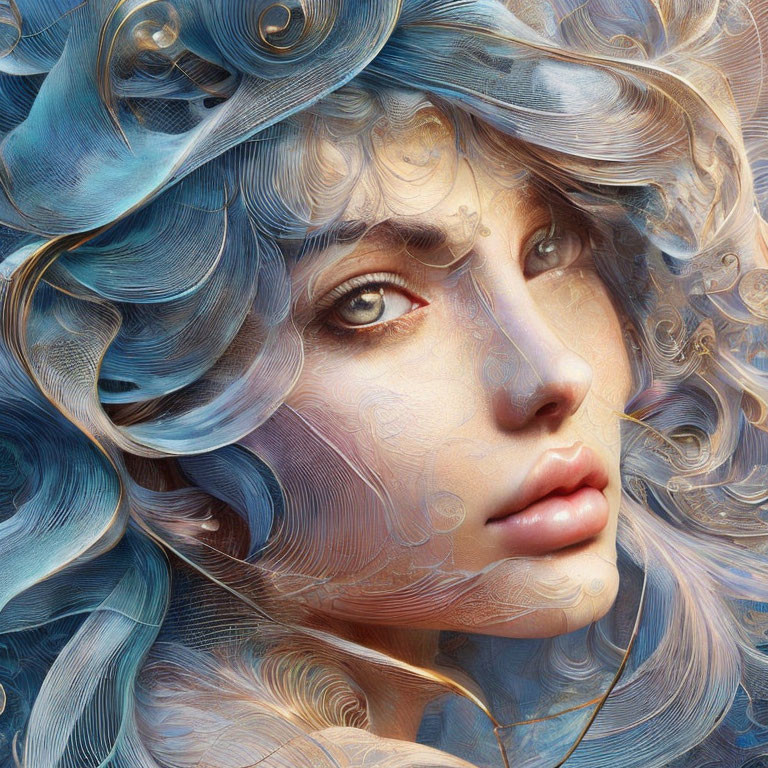 Detailed digital artwork: Woman with flowing blue hair & serene expression