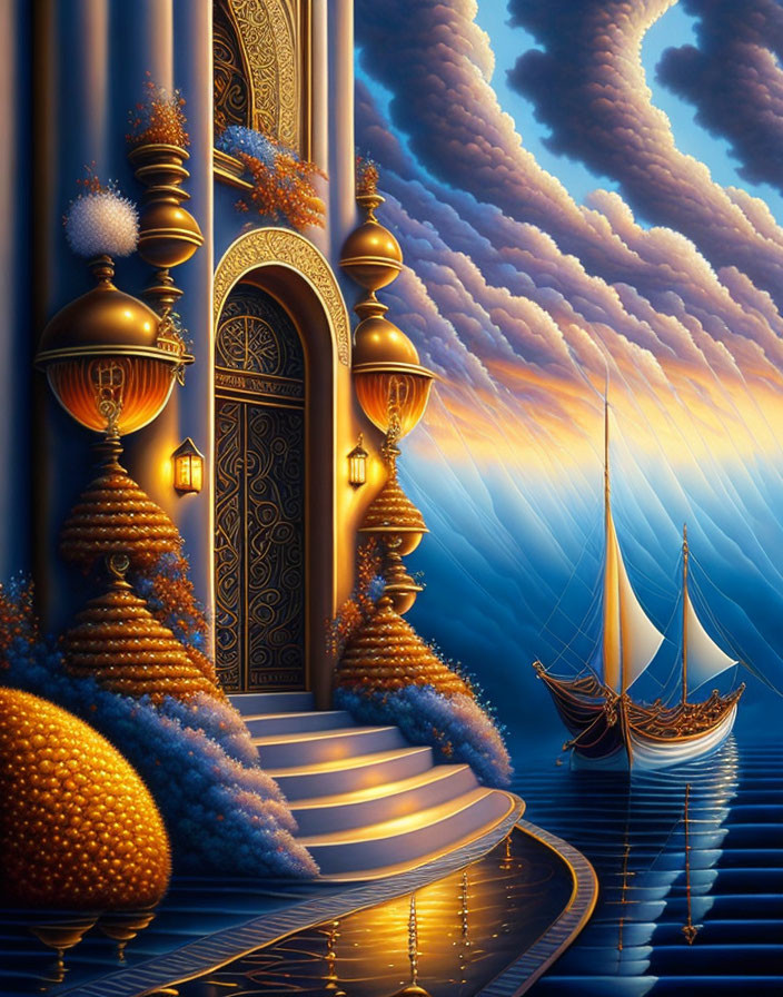 Golden ornate door overlooking sea with sailing boats