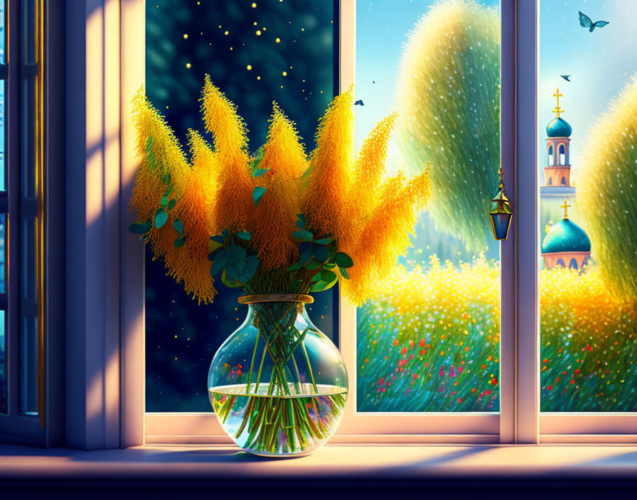 Yellow Flowers in Vase on Windowsill with Night Sky View