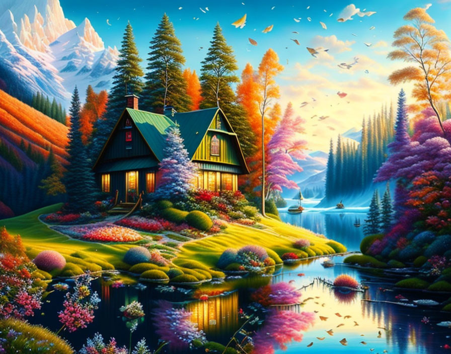 Autumn landscape with cozy cabin, colorful trees, and serene lake