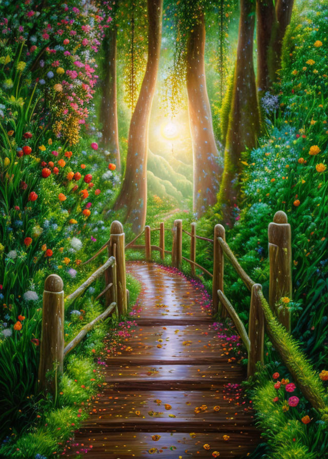 Wooden bridge in vibrant flower-lined forest pathway at sunrise