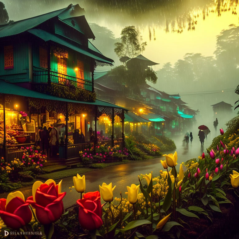 Traditional house with lights, rainy evening, vibrant tulips, people with umbrellas