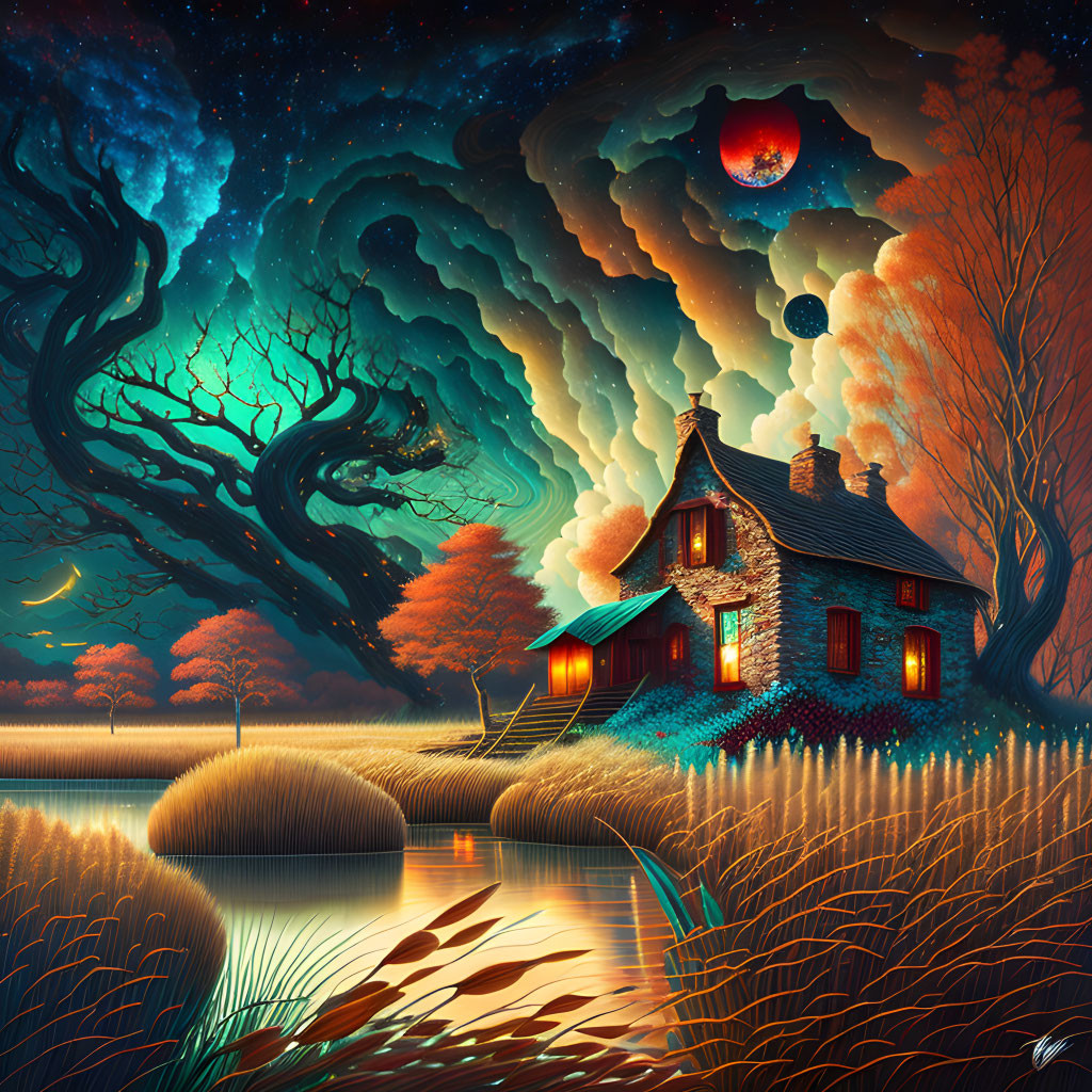 Whimsical artwork: Cozy cottage by lake under surreal sky