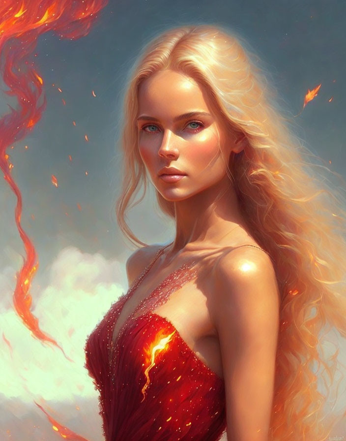 Blonde woman in red dress against fiery backdrop