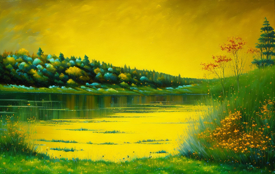 Yellow-Toned Landscape Painting with Serene Lake and Lush Foliage