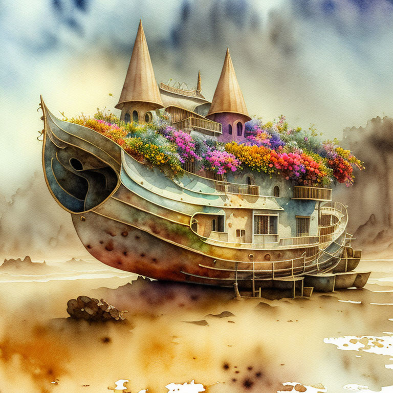 Vibrant watercolor illustration of whimsical boat with castle-like structures in misty landscape