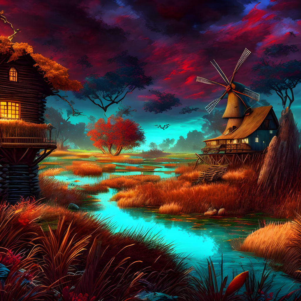 Fantasy landscape at sunset with windmill, house, river, and fiery sky