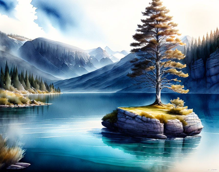 Tranquil watercolor: lone tree on rocky island, blue lake, distant mountains