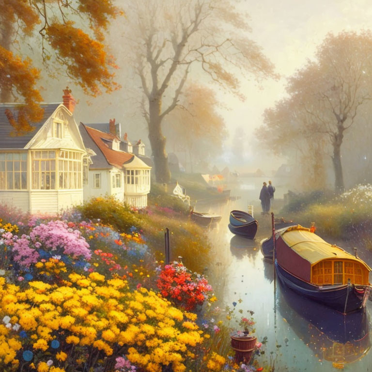 Tranquil river with boats, vibrant flowers, and quaint houses in golden light