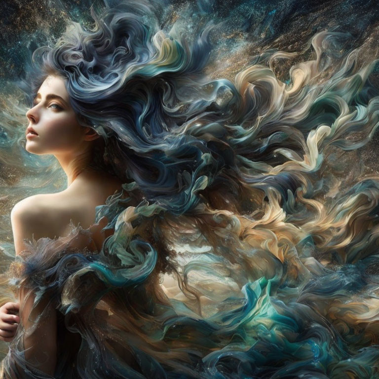 Surreal portrait of woman with flowing hair in blue, brown, and white tones