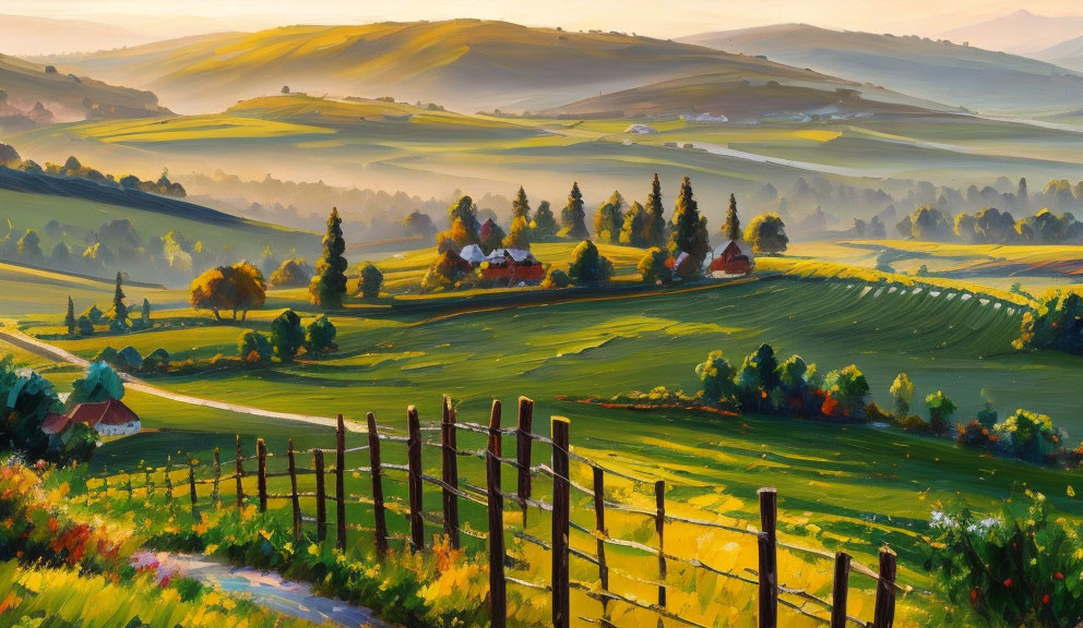 Rolling hills with sunlit fields, rustic fence, farmhouses, and golden light.